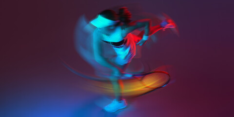 Obraz premium Female tennis player serving with colorful motion blur under dramatic studio lighting. Concept of sportswear ads, tennis academy promo, fitness campaigns, athletic branding, sports event marketing.