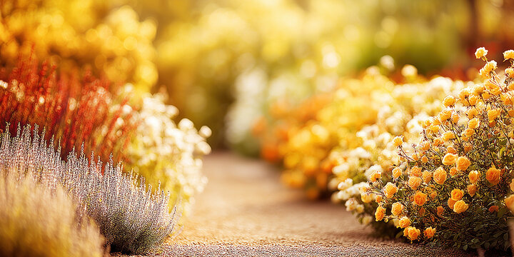 Beautiful garden path walkway surrounded by blooming yellow flowers and lush bushes, sunny summer backyard landscape background banner.