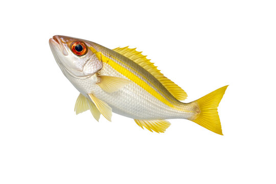 A Bigeye Snapper (Lutjanus lutjanus) with silver scales and vivid yellow fins, isolated on transparent background, tropical marine fish species.