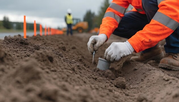 Construction worker taking soil sample at outdoor site with construction engineering development infrastructure
