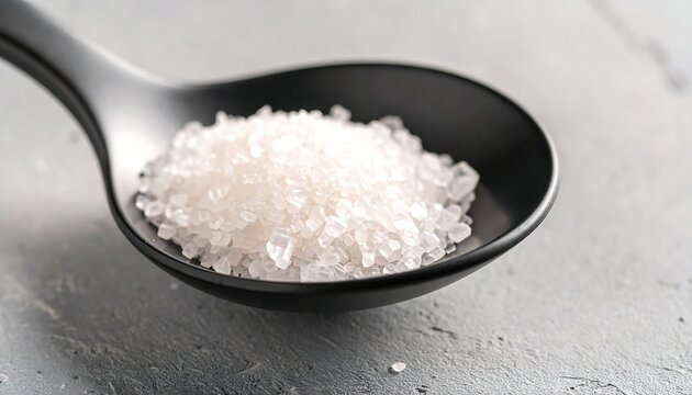 White crystal seasoning in black spoon macro high resolution picture