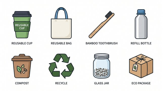 Set of eco friendly reusable zero waste lifestyle icons with friendly, reusable