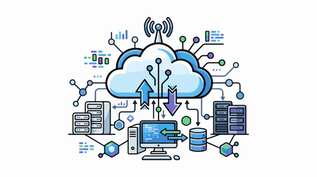 Digital cloud network with servers computers and data flow (1)