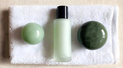 Naklejka premium Clean beauty skincare flat lay with jade stone massage tools and lotion bottle on towel, eco friendly spa still life