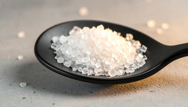 Black spoon holding translucent crystal granules high resolution picture