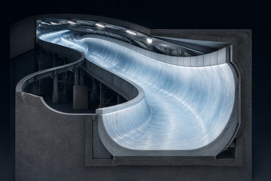 Architectural cross-section of a narrow, winding ice track with high, smooth walls under cool lights.