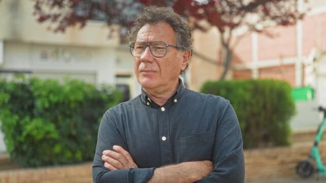 Man middle aged wearing glasses with arms crossed showing hands, standing on a street beside a building, shrubs and an electric scooter; disapproval.