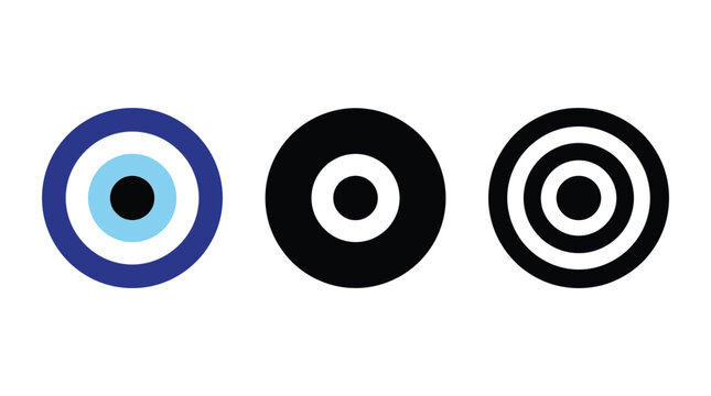Circular target and evil eye icon set with concentric rings for protection and focus symbol