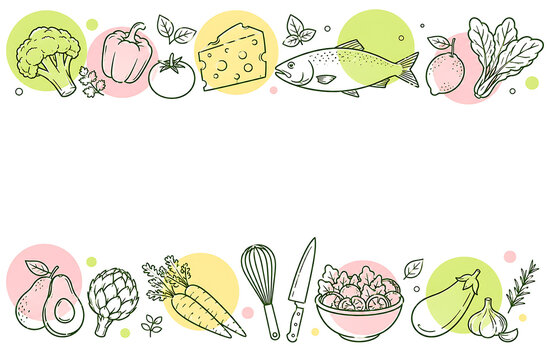 Hand drawn healthy food border, organic grocery ingredients line art, fresh vegetables and fish frame for menu design isolated on White Background ai