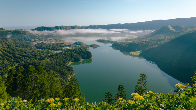 Sete cidades caldera lake and village in azores