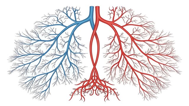 Anatomical illustration of human lungs and bronchial airway branches with respiratory bronchial breathing pulmonary