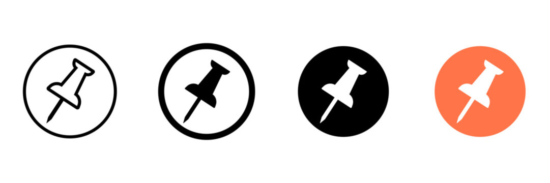 Simple pin icons in circular frames. Four styles: line, solid, inverse, and orange. Clean, modern design for digital interfaces. Great for apps, websites, or toolbars