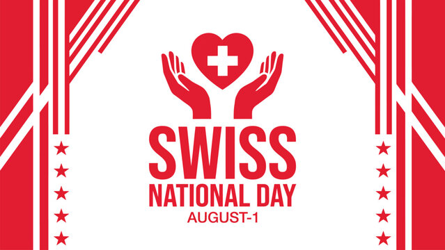 happy swiss national day banner with heart and helping hands illustration, patriotic 1 august celebration design in red and white for social media, web, posters and print