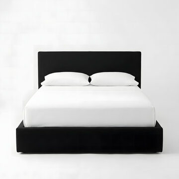 Modern minimalist black bed frame with soft white pillows and crisp sheets in bright studio lighting