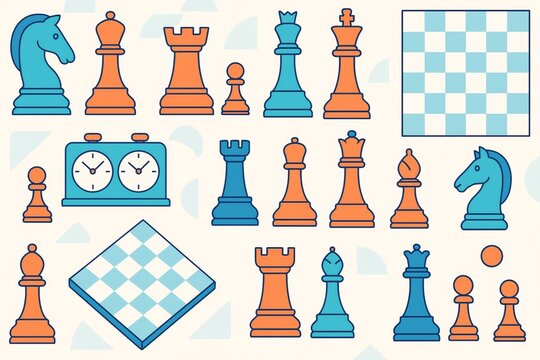 Chess pieces, board, and clock in playful blue and orange flat design style on light background for creative game strategy concept illustration. Ai generative