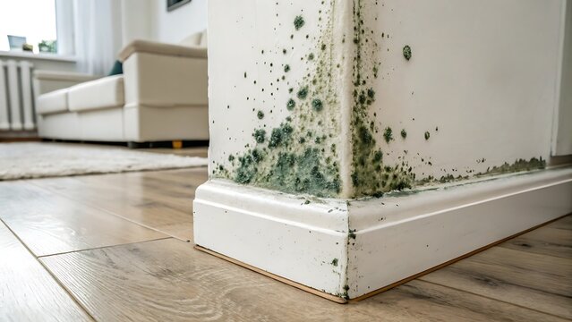 Black mold growing on interior white wall corner in living room with interior moisture renovation building wallboard