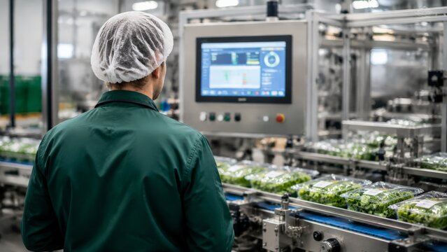 Factory worker wearing hairnet and green coat watches touchscreen control panel while packaged salad trays move along automated conveyor in sterile processing area, bright overhead lighting