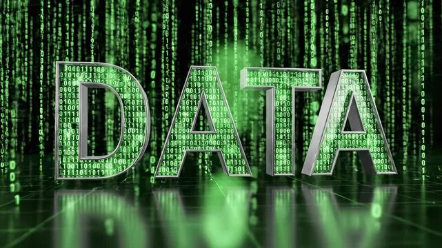 Word DATA forms from streams of green binary numbers against a dark background. 3D letters have metallic textures and rest on a reflective grid floor with a digital glow.