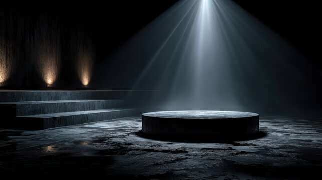 Dramatic concrete stage with spotlight, central podium, and textured steps for presentations.