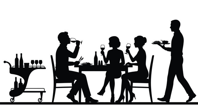 Elegant group of people enjoying a fine dining experience with wine and professional waiter service in a luxury restaurant setting portrayed as silhouettes on white background