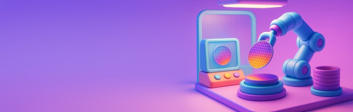 Futuristic robotic arm assembling silicon wafer in colorful cartoon-style lab with gradient background and empty copyspace for design template. Ai generative