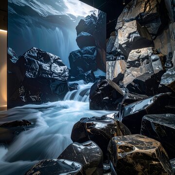 Indoor Waterfall Display with Rocks and Simulated Nature.