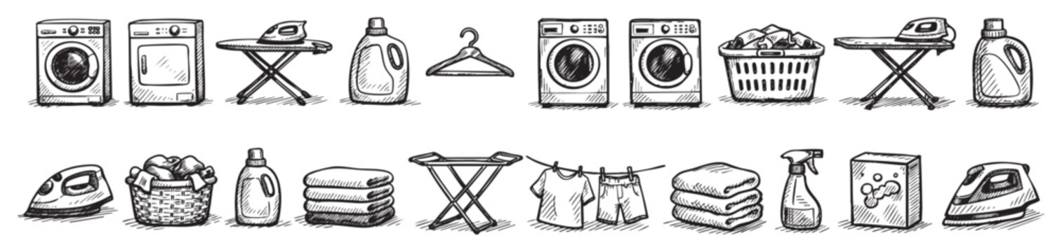 Collection of hand-drawn laundry items including washing machines, irons, detergent, and clotheslines, presented as a black and white sketch on a clean white background