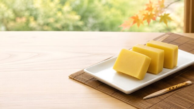 白い皿に盛った芋ようかん 黒文字を添えた窓辺の秋の和菓子