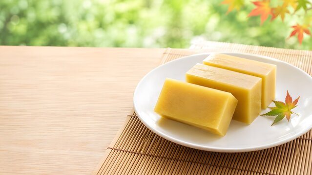 丸い白皿に並べた芋ようかん もみじを添えた秋の和菓子とお茶の時間