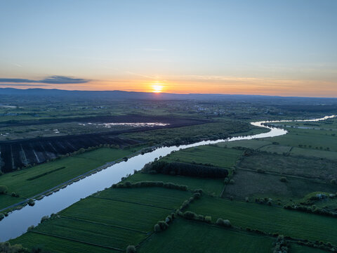 Aerial View of Meandering River Bann at Sunset, Northern Ireland, UK