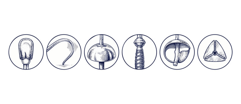 Fencing sword parts diagram illustration with detailed engraved icons of foil blade, guard, hilt, grip, tip and cross-section, showing classical swordplay equipment details in isolated sketch.