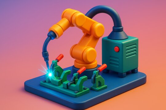 Colorful robotic welding arm operating on parts with glowing light on abstract gradient background in minimal cartoon style. Ai generative. Ai generative