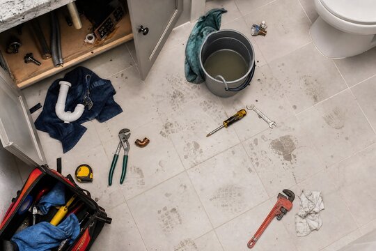 Plumber Tools Scattered on Bathroom Floor During Repair