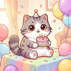 Fototapeta premium Cute Kitten Celebrating Birthday with Colorful Cake and Balloons. 