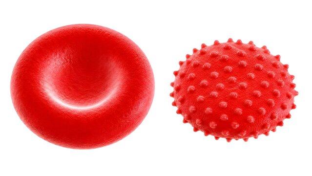 Normal Erythrocyte vs Burr Cell Comparison, Realistic Human Red Blood Cell Echinocyte Medical Illustration Isolated on White Background