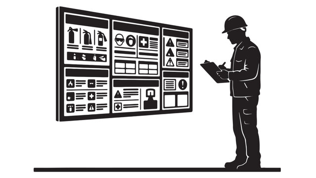 Professional worker checking safety information board in a industrial facility environment