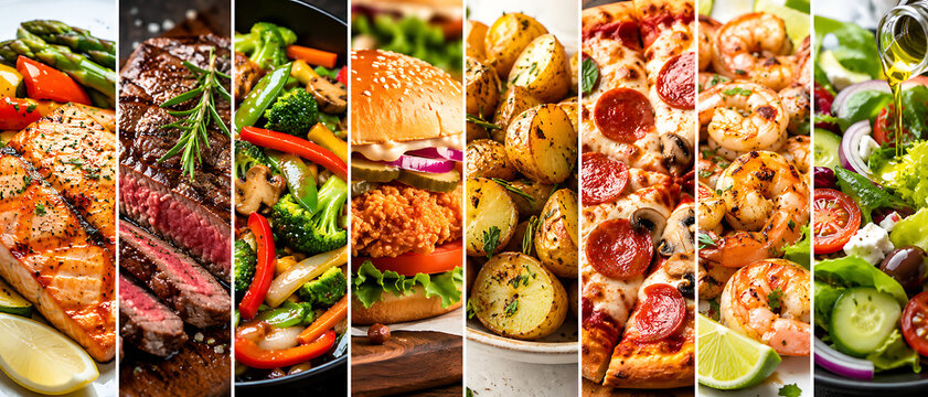 Gourmet food collage featuring grilled salmon, beef steak, burger and pizza. Assorted restaurant dishes including stir fry, roasted potatoes and fresh salad. isolated on White Background ai