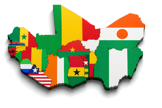 West Africa Political Map with Official National Flags, Realistic 3D Country Shapes, Regional Map Isolated on White Background