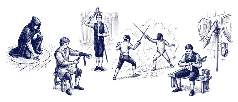 Fencing sword fight training illustration set showing historical duelists sparring, wrapping hands, presenting rapier, cleaning weapon, drawn in vintage line art engraving style on white background.