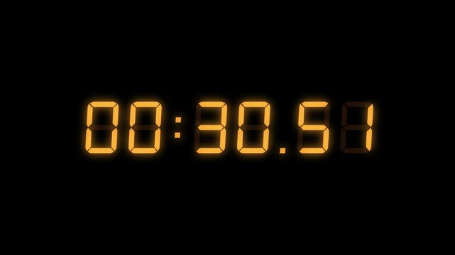 6 Digits Orange Red Digital Countdown Timer Starting at 00:35:00 (35 seconds) on Black Background, Featuring High-Visibility LED Display. 4K Motion Graphics.