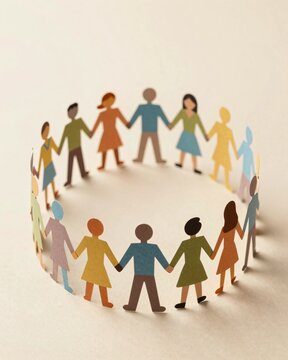 Circle of colorful paper people holding hands representing unity and diversity