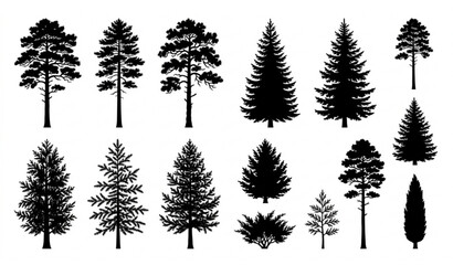 Fototapeta premium Realistic pine and evergreen tree silhouette collection isolated on white background
