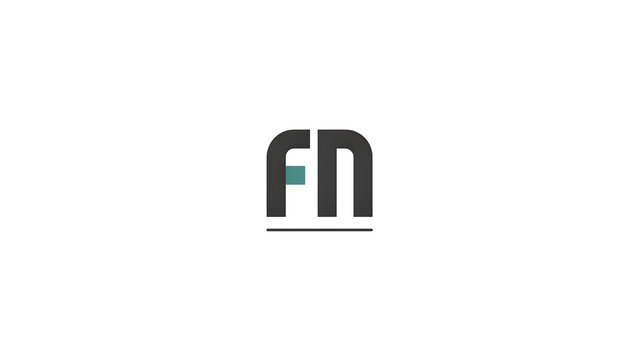 Dark grey and teal fn monogram with a horizontal line isolated on a transparent background