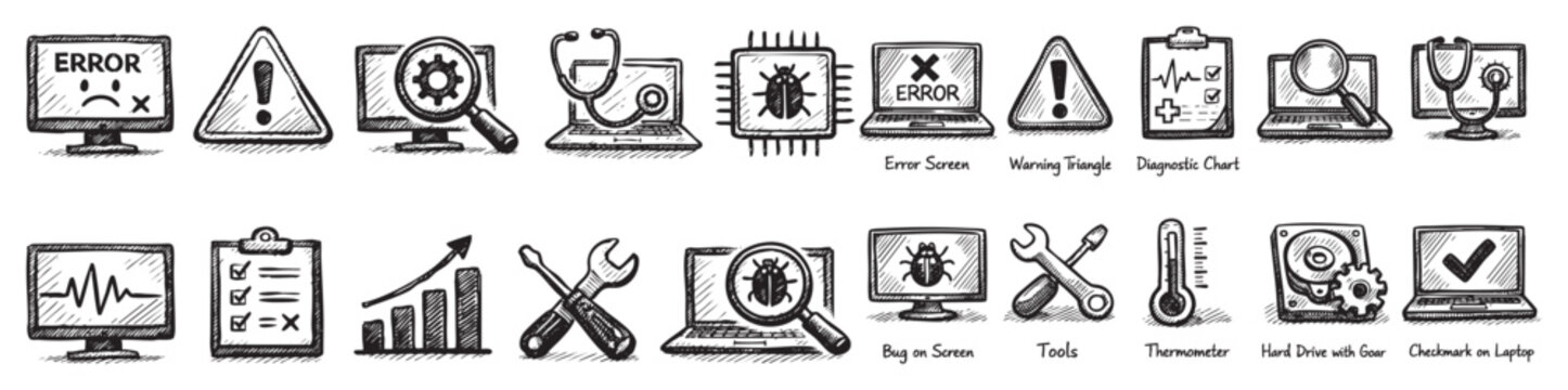 Collection of hand-drawn computer repair and diagnostic icons in a sketch style, depicting various technical issues and solutions on a white background