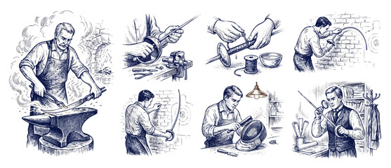 Obraz premium Vintage blacksmith making fencing sword engraving set showing forging, blade testing, hilt assembly, and mask repair in classic hand drawn blue ink sketch style for historical craft concepts and arts.