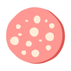 Bologna sausage clipart. Cartoon fresh sausage slice with fat spots, mortadella slice, delicious meat ingredient. Vector illustration © Yelyzaveta
