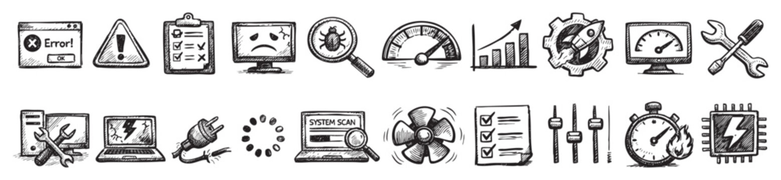 Collection of hand-drawn computer maintenance and repair icons, including error messages, tools, and performance indicators, isolated on a white background