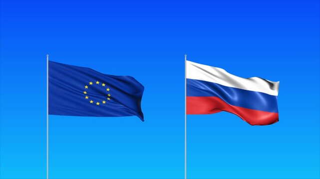 EU and Russia Flags Animation Loop, Waving National Flags Background