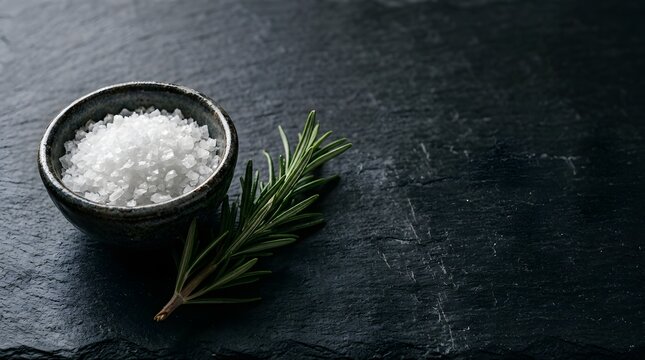 Coarse white salt crystals in a dark bowl next to a rosemary sprig on a black surface