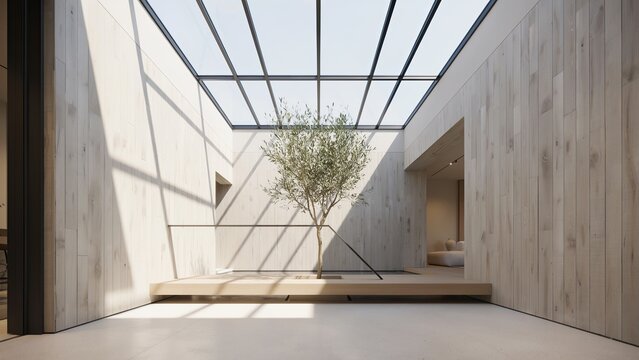 Atrium space features a central decorative tree beneath a glass skylight with dramatic geometric shadows.